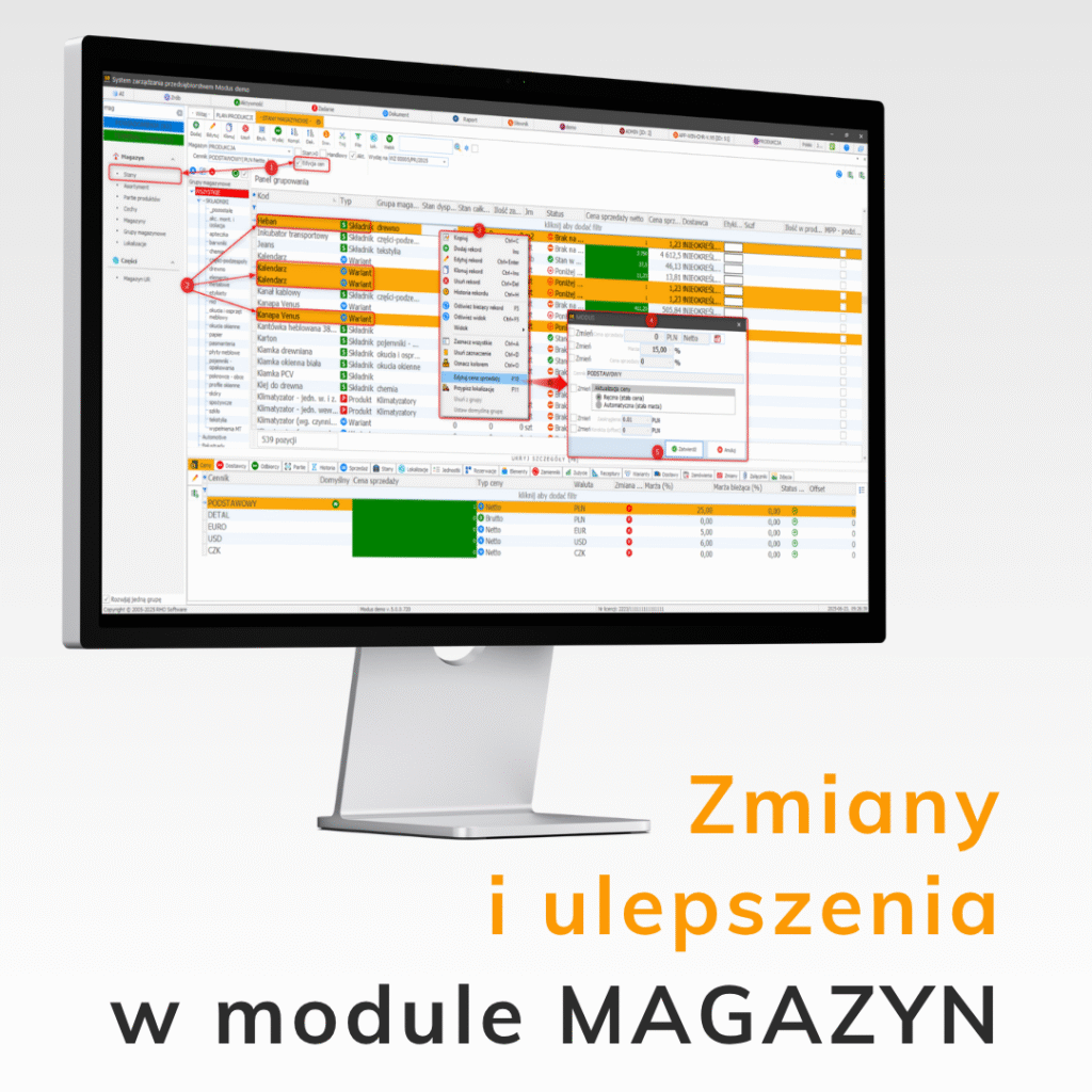 Edycja cen bezpośrednio z okna stanów magazynowych w systemie Modus ERP
